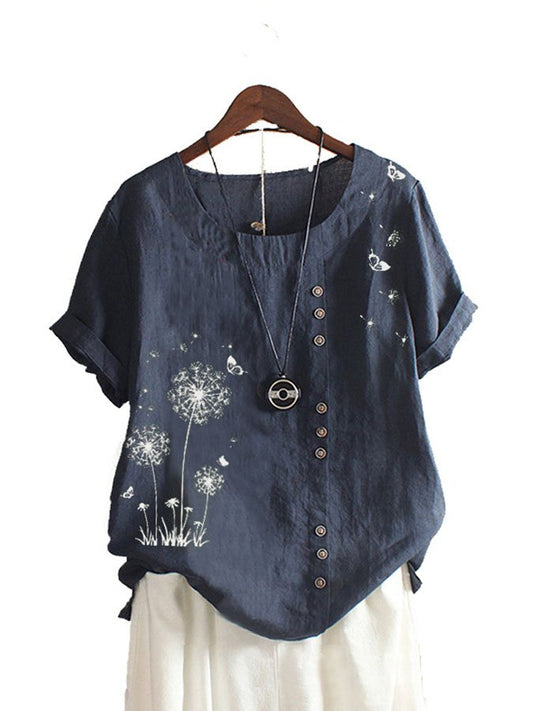 Cotton Linen Print Dandelion Short Sleeve Shirt