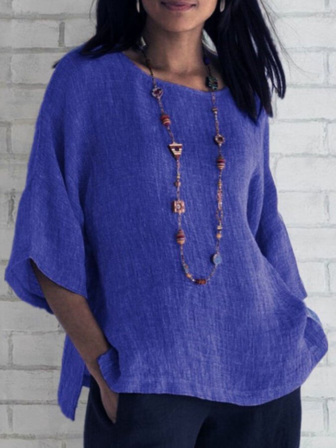 Women's Cotton Linen Three-quarter Sleeve Crew Neck Shirt