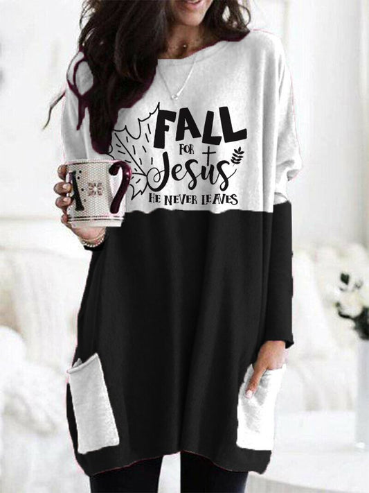 Women's Fall For Jesus He Never Leaves Pocket T-Shirt