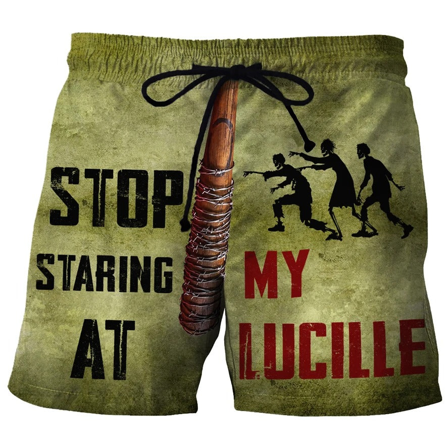 Stop Staring At My Lucille - Custom Beach Shorts - Swim Trunks