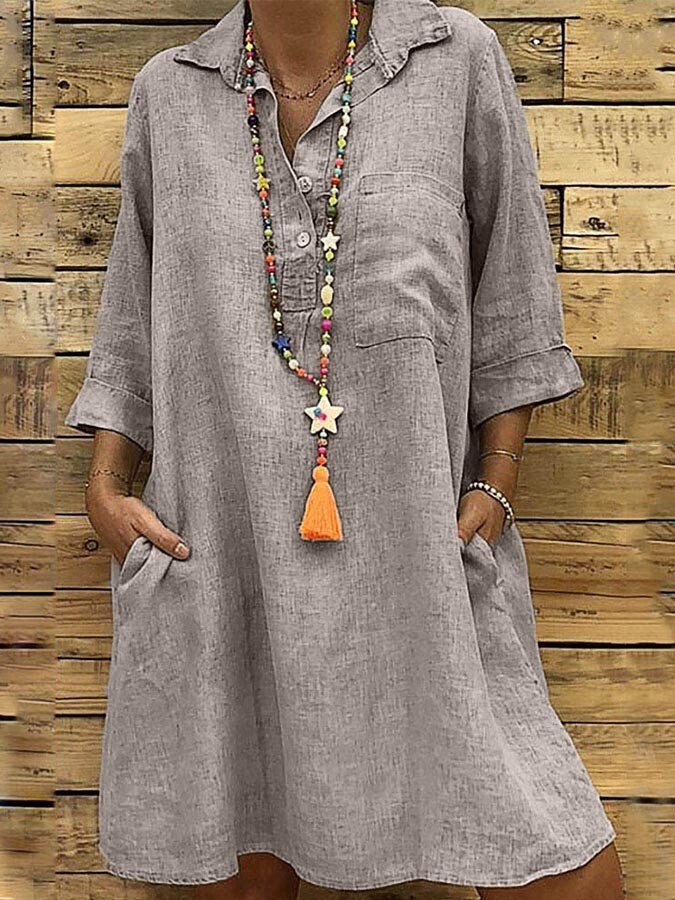 Ladies Plus Size 3/4 Sleeve Shirt Collar Casual Dress