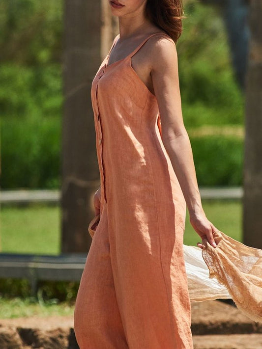 Fashion V-Neck Button Design Casual Jumpsuit