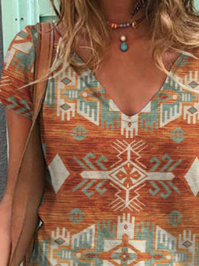 V-Neck Ethnic Print Short Sleeve T-Shirt
