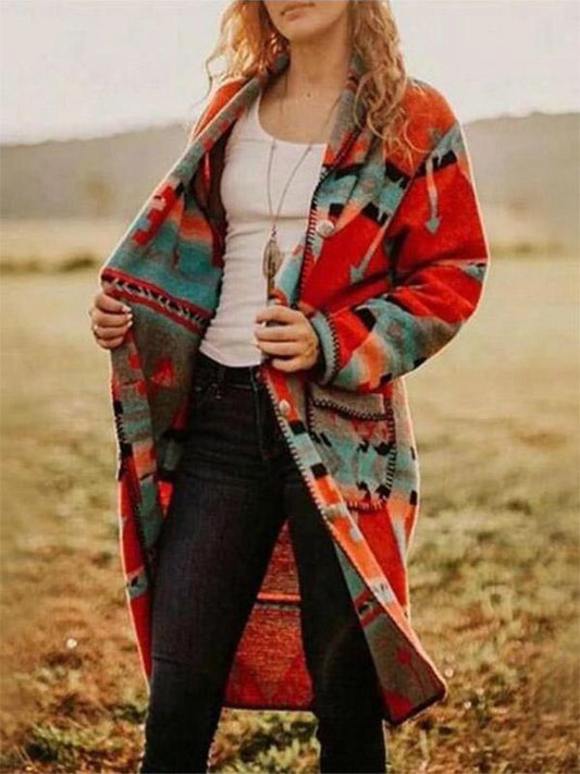 Ladies Boho Patchwork Printed Mid-Long Jacket