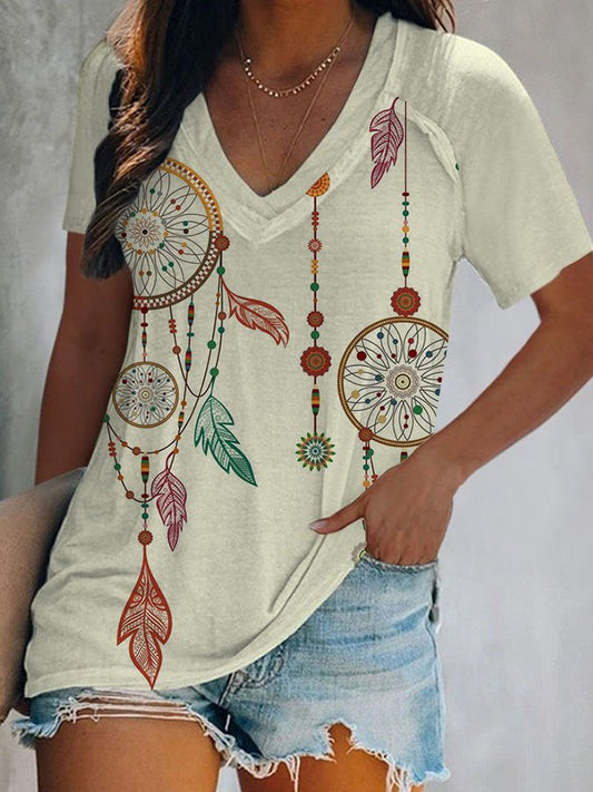 Dream Catcher Ethnic Print V-Neck T-Shirt