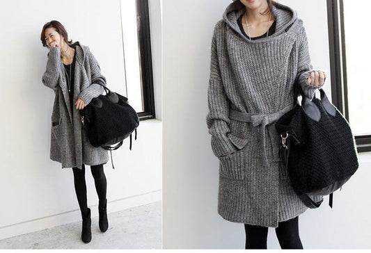 Grey Long Straight Plain Polyester Belt Sweater
