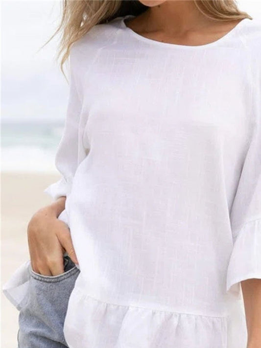 Casual Cotton And Linen Mid-Sleeve Top