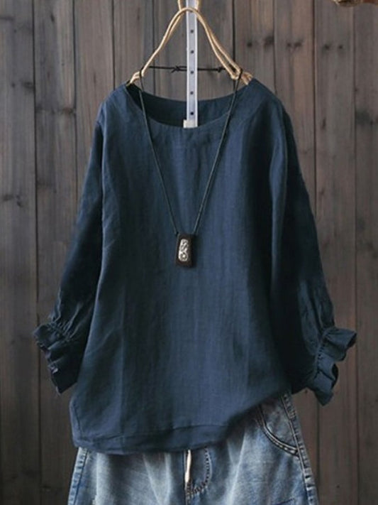 Women's Casual Pure Color Literary Cotton Shirt