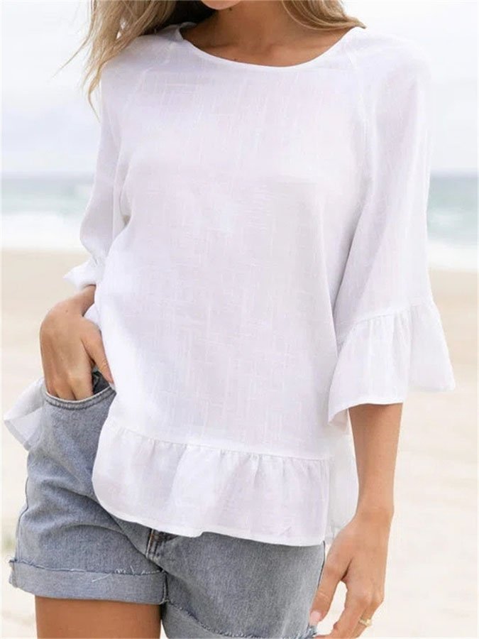 Casual Cotton And Linen Mid-Sleeve Top