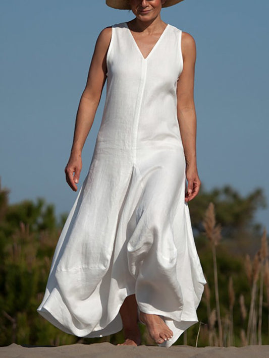 Solid Color V-Neck Irregular Hem Casual Dress