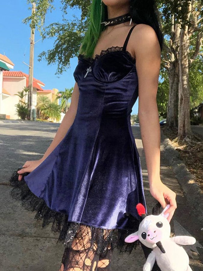Goth Lace Strappy Velvet Dress