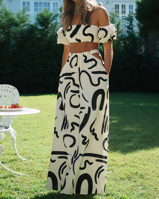 Printed Puff Short Sleeve Top Skirt Two Piece Set