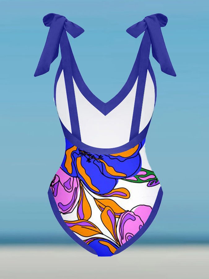 Printed Lace Up Chic One Piece Swimsuit & Coverup