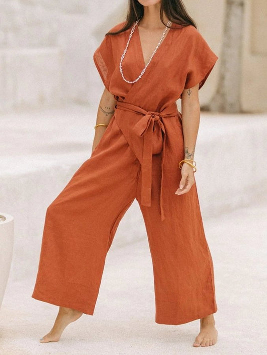 Vintage V-Neck Cross-Tie Casual Jumpsuit