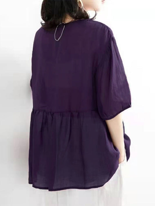 Leisure Solid Color Half Sleeve O-neck Blouse