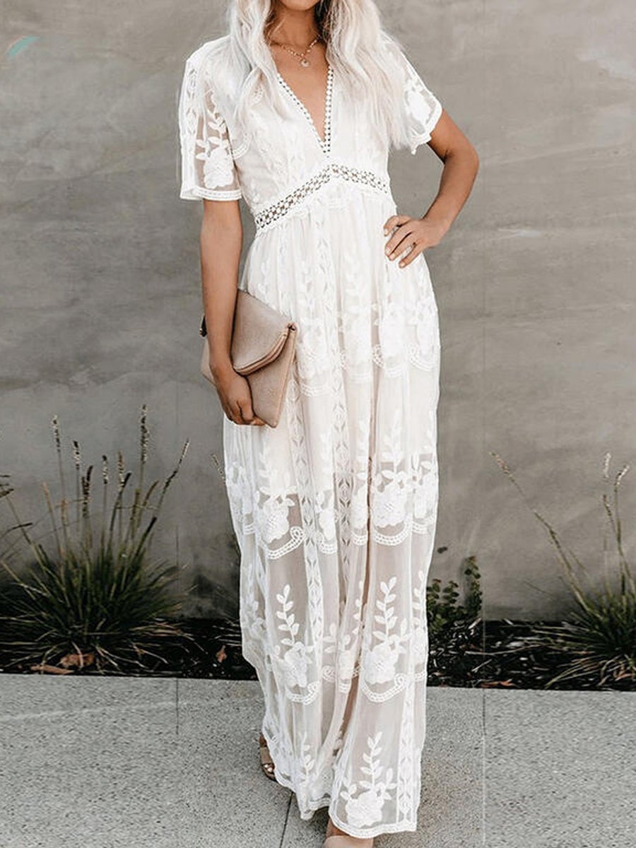 Lace Solid Short Sleeves A-line Maxi Dress