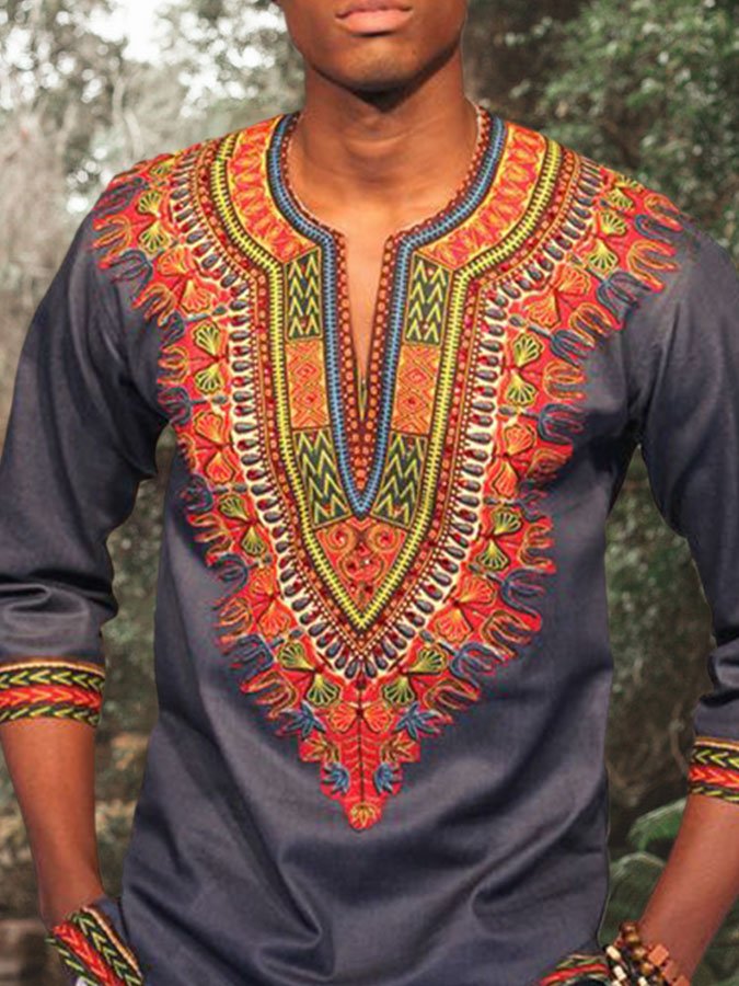 Vintage Geometric Print Casual 3/4 Sleeve Men's T-Shirt