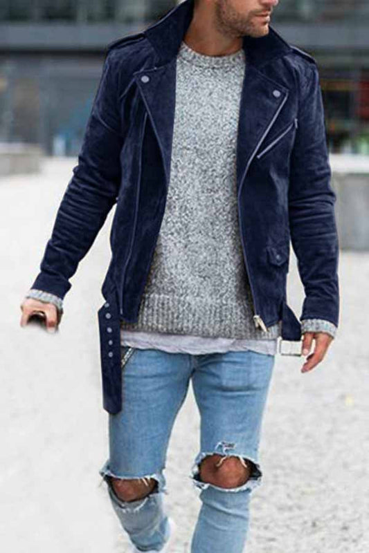 Street Fashion Men's Jacket Solid Color Lapel Zip Jacket