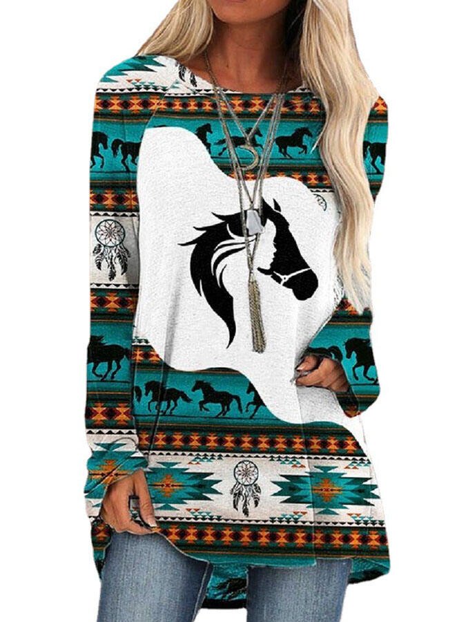 Casual Crew Neck Long Sleeve Western Print Top