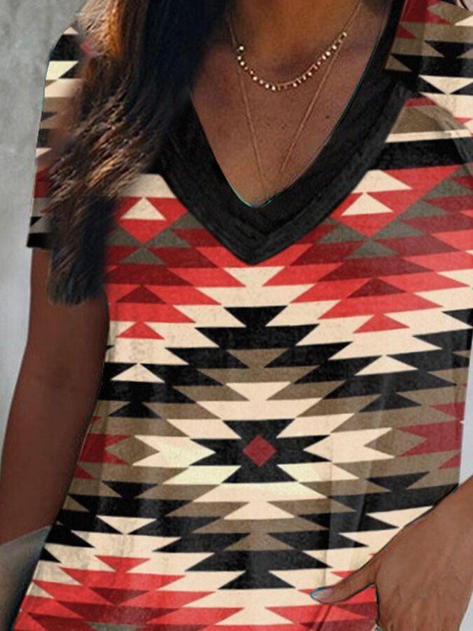 Vintage Geometric Print V-Neck T-Shirt