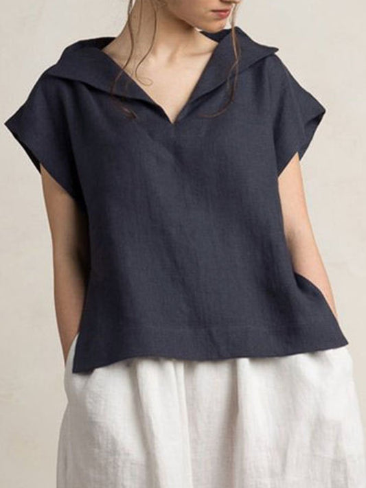 Solid Color Lapel Cotton And Linen T-Shirt