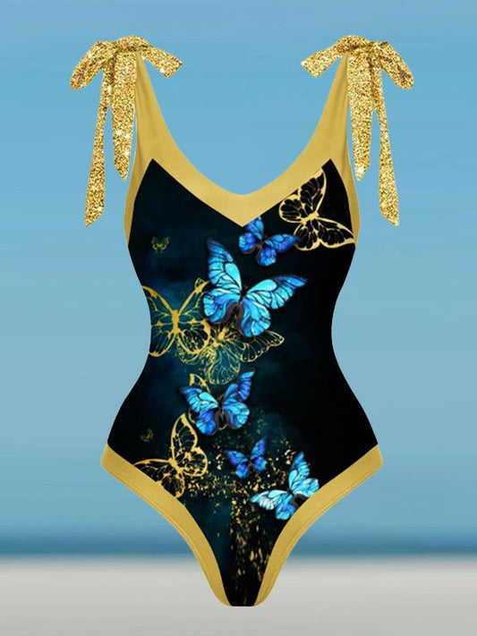 Vintage V-Neck Butterfly Colorblock Print One Piece Swimsuit Set