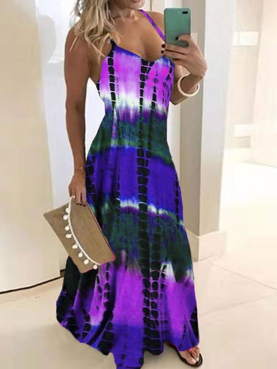 Tie-dye Printed Pocket Loose Sling Dress