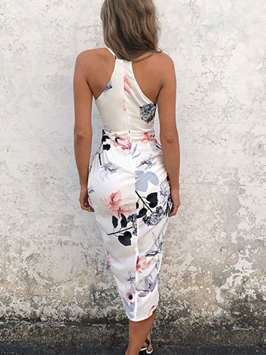 Strap V-Neck Irregular Hem High Slit Floral Dress