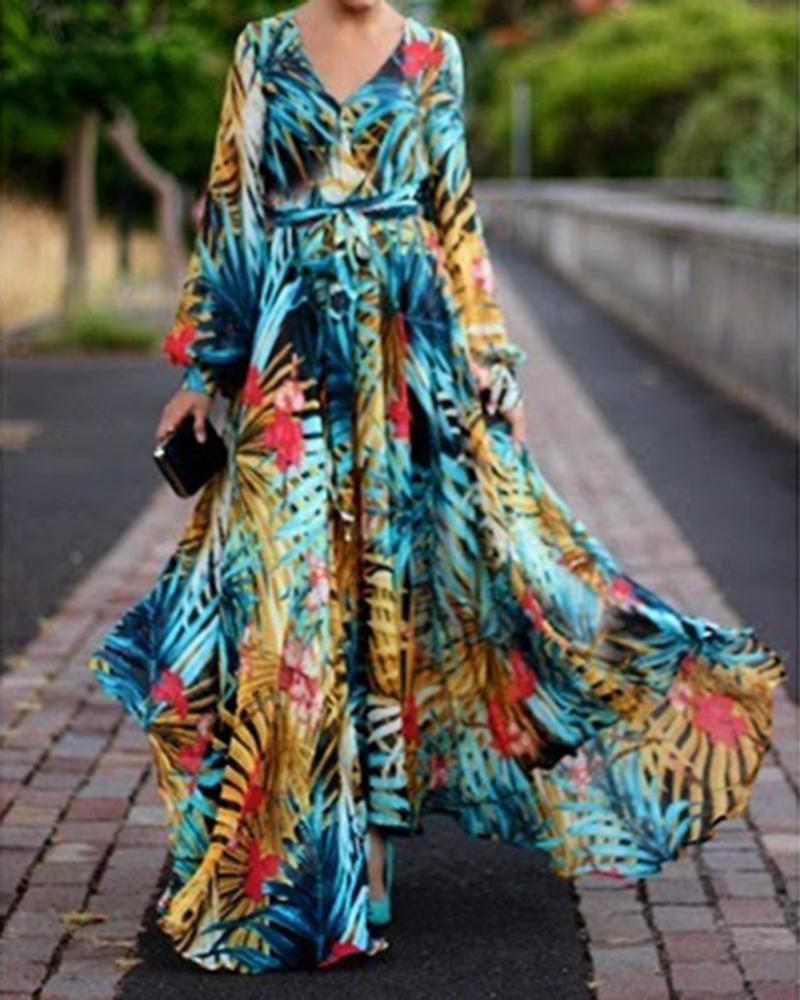 Green Leaf Print Maxi Dress
