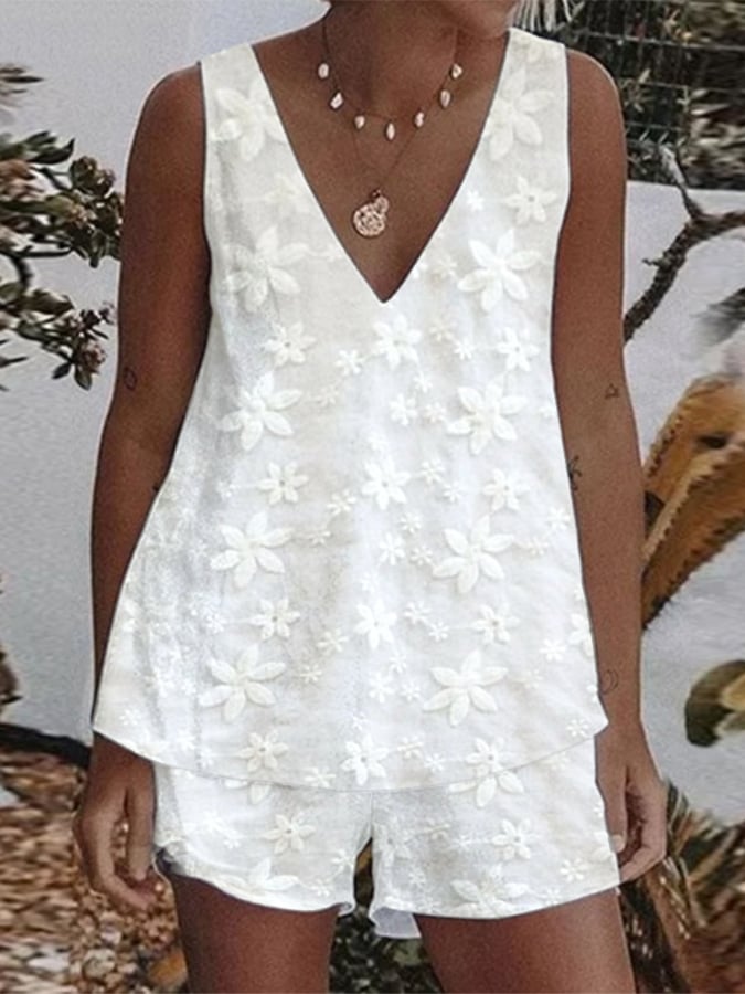 Women's Solid Color Lace V Neck Sleeveless Casual Suit