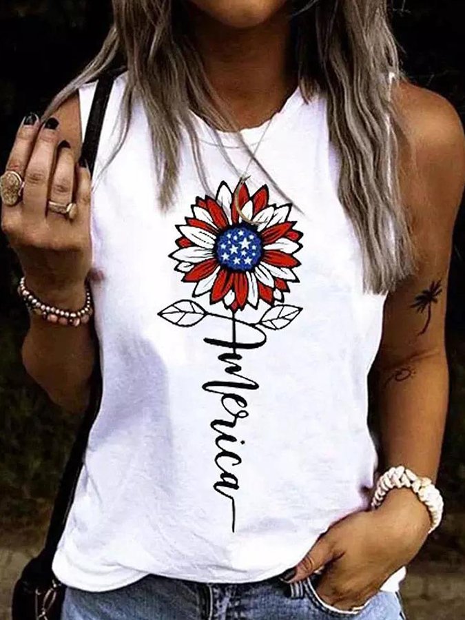 Women's Faith Flag Sunflower Print Crew Neck Tank Top
