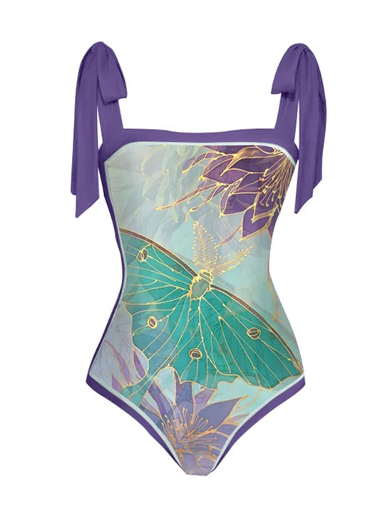 Women's Vintage Butterfly Floral Print One-Piece Swimsuit
