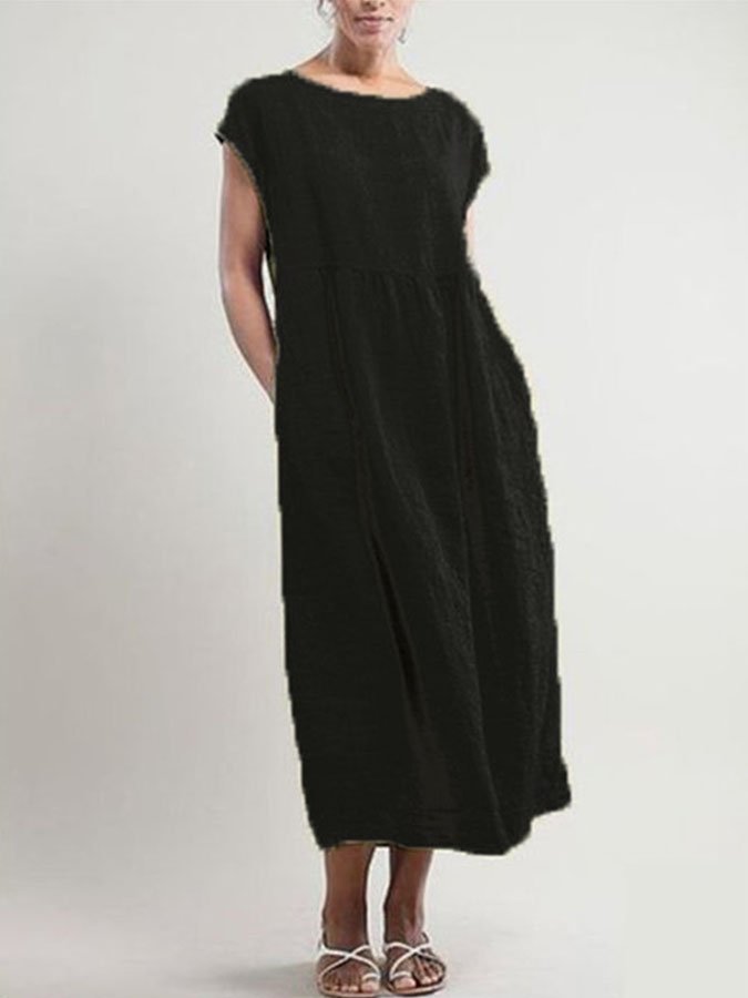Solid Color Sleeveless Loose Pocket Cotton Linen Dress