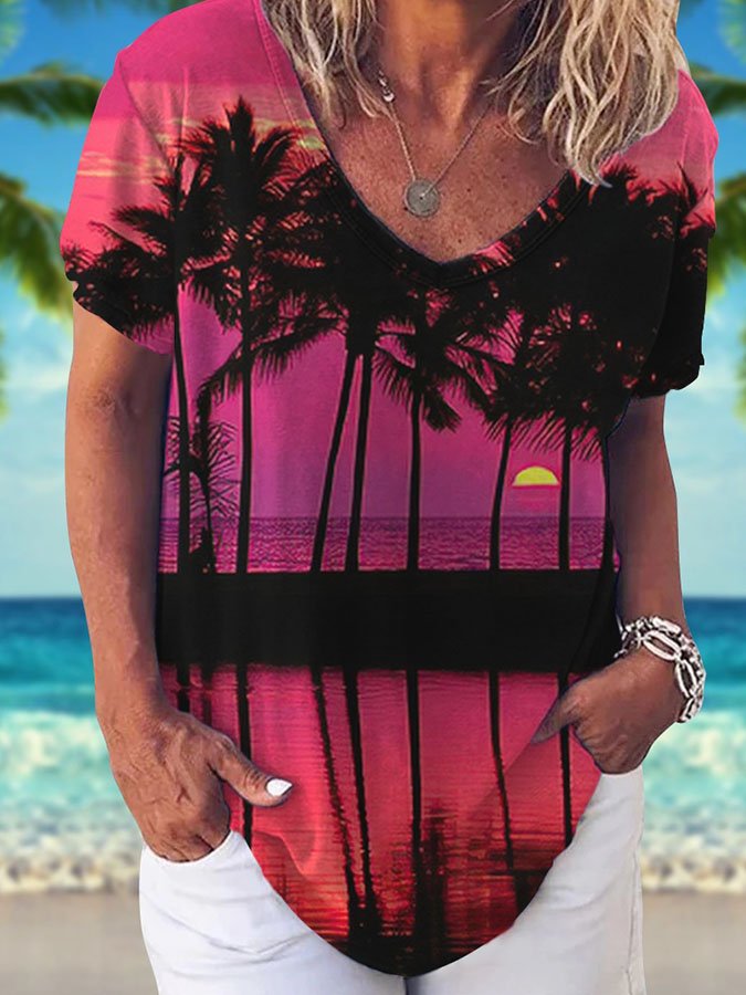 V-Neck Palm Tree Print Short Sleeve T-Shirt