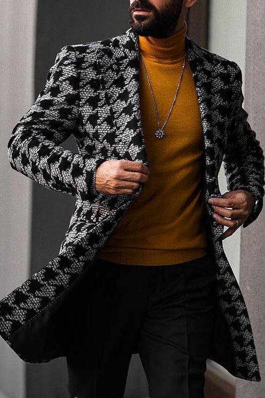 Mid-length Houndstooth Print Coat