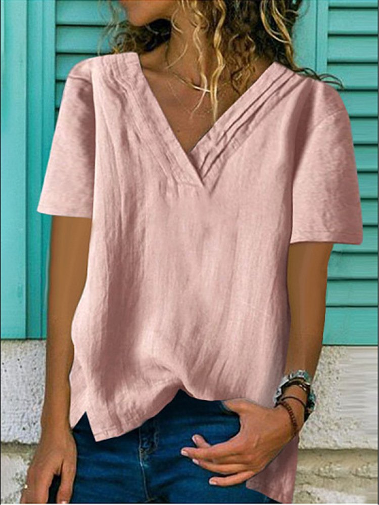 Women's Big V Neck Short Sleeve Hem Bifurcated Multi-layer Collar Pleated T-Shirt Top