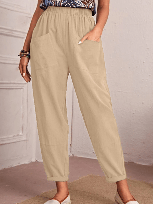 Women's Cotton Linen Capris Elastic Waist Casual Pants