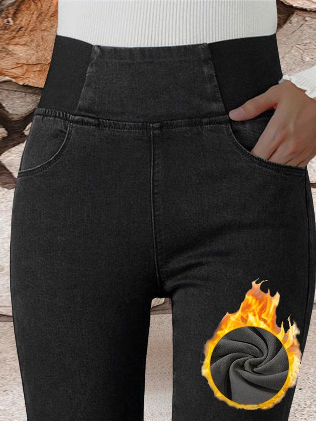 Hohe Taille Wärme Unifarben Denim Lässig Fest Jeans