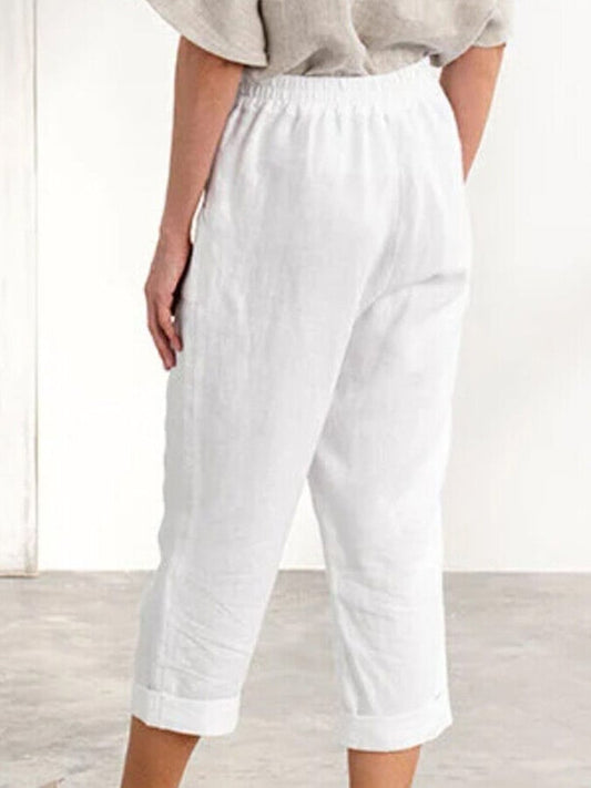 Women's Cotton Linen Pocket Button Cropped Pants