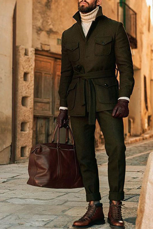 Single-breasted Mid-length Men's Stand-up Collar Woolen Trench Coat