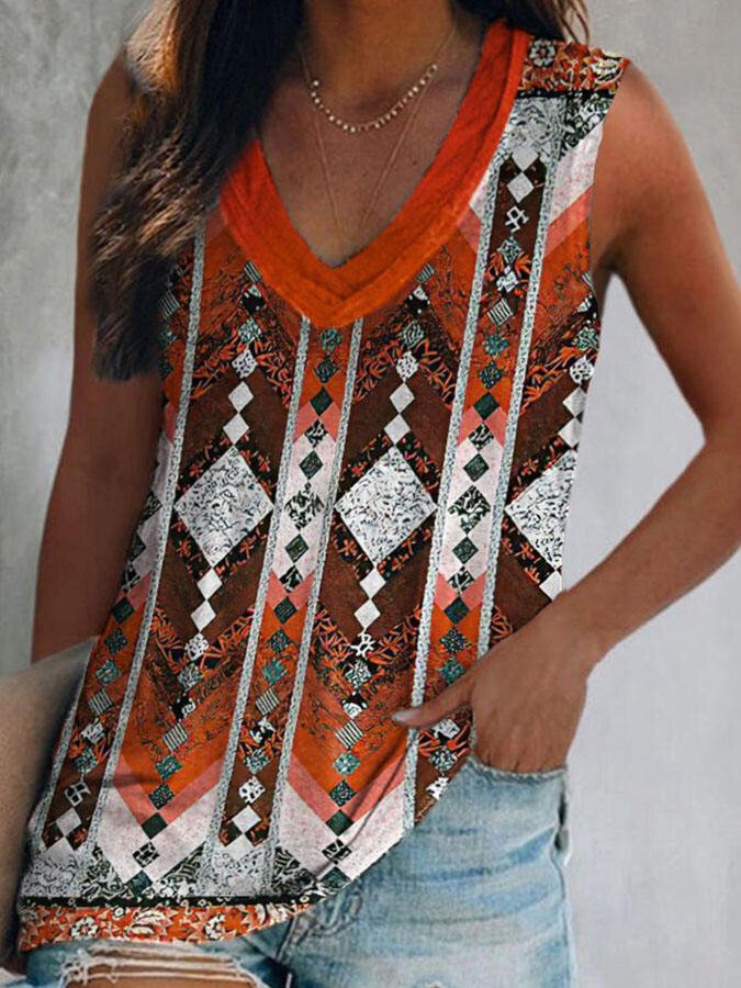 Vintage Geometric Print V-Neck T-Shirt