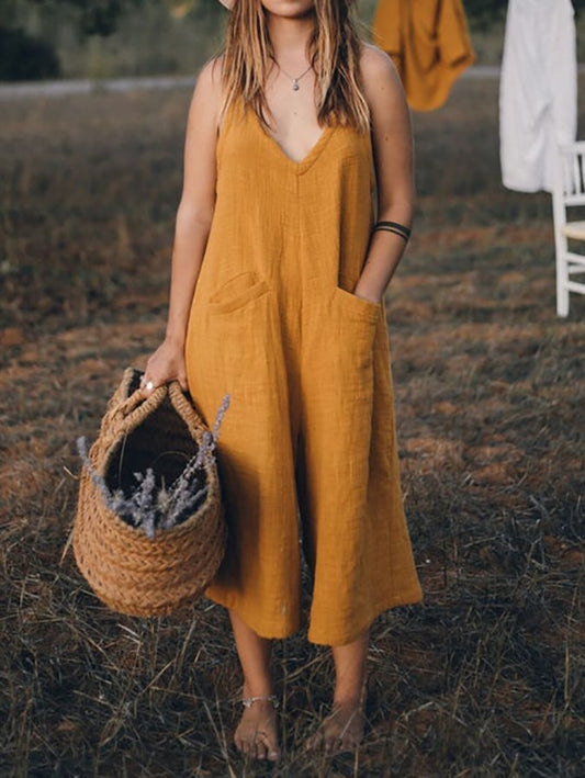 Solid Color V-Neck Sling Casual Jumpsuit