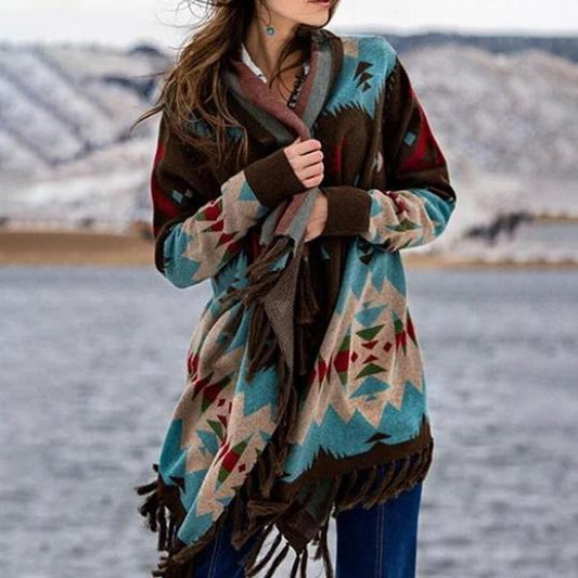 Women's Printed Fringe Irregular Mid-Length Coat