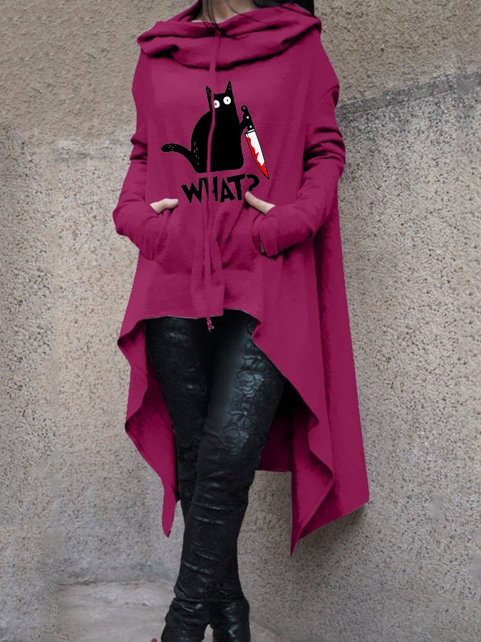 Women's Halloween Fun Black Cat Print Hooded Long Top