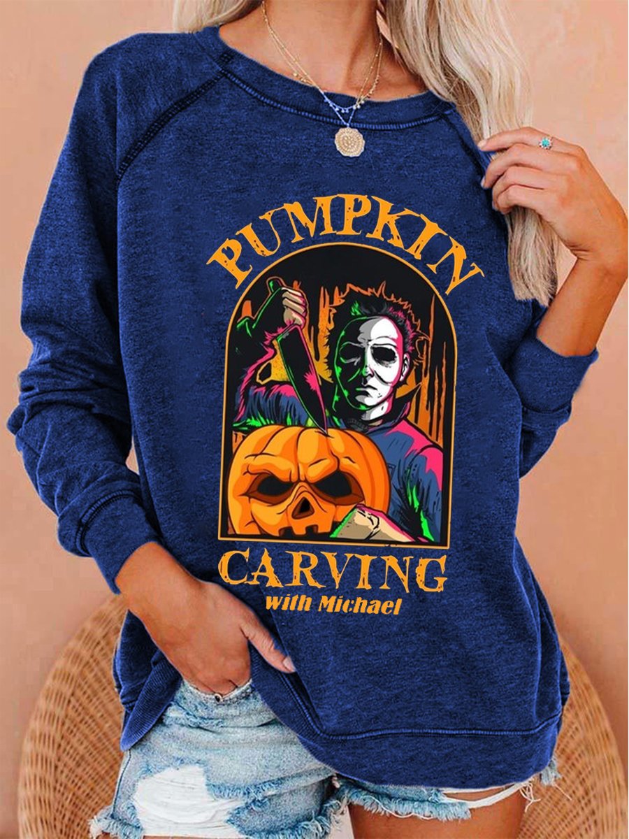 Women's Halloween Pumpkin Carving With Michael Print Top