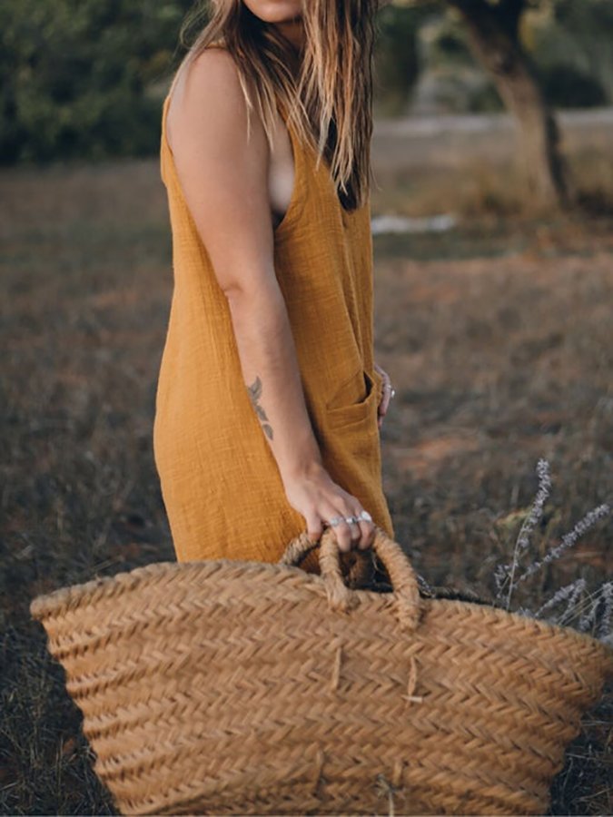 Solid Color V-Neck Sling Casual Jumpsuit