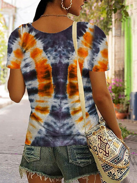 Women's Halloween Pumpkin Tie Dye Print V-Neck T-Shirt