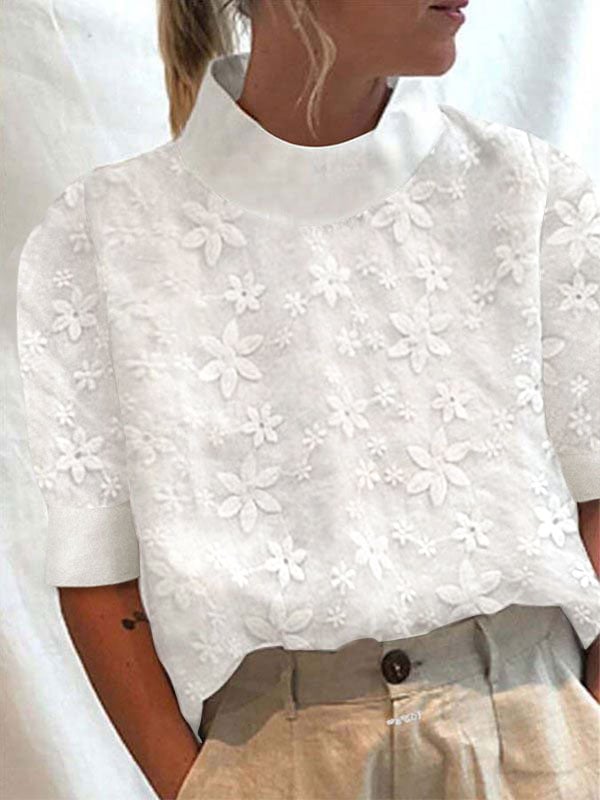 Cotton Linen Lace Lapel Button Down Short Sleeve Shirt