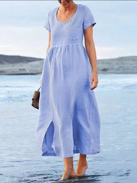Women's Cotton Linen Round Neck Short Sleeve Pocket Irregular Hem Medium Length Dress