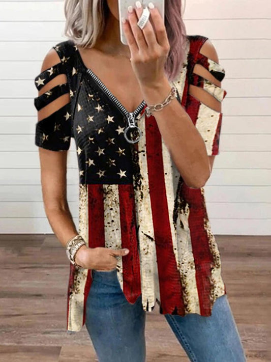 Women's Flag Print Zipper V-Neck T-Shirt